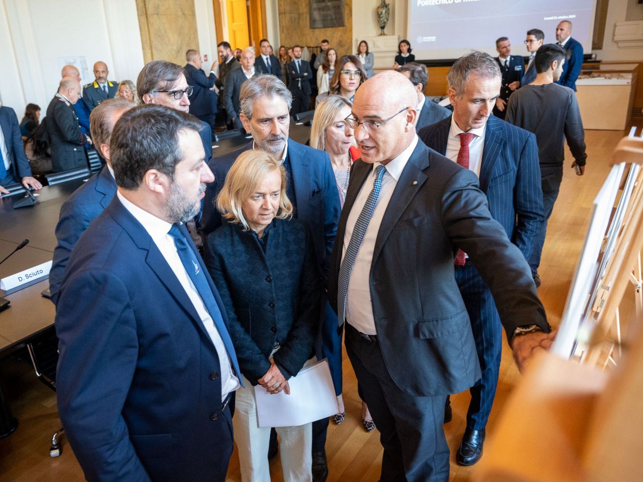 Matteo Salvini, Donatella Sciuto and Ferruccio Resta in the rectorate's great room class=
